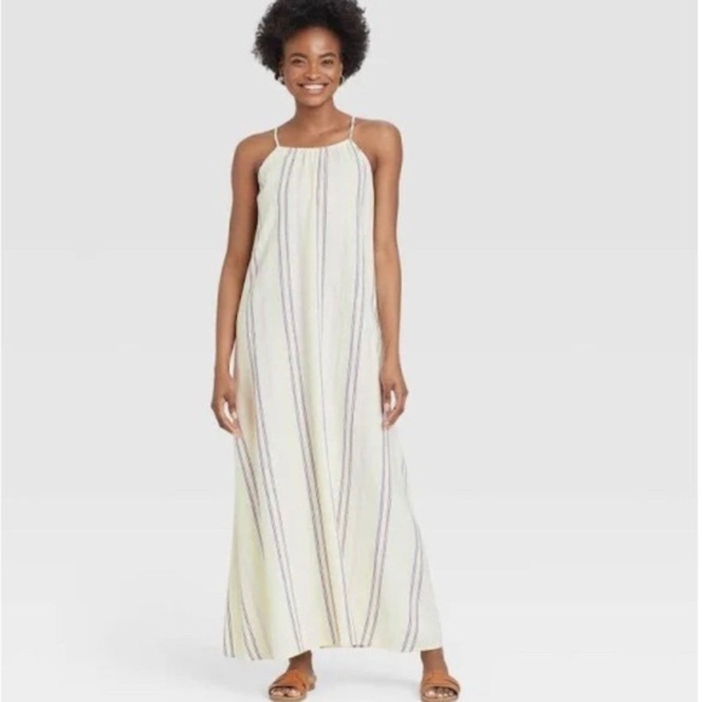 A New Day white linen-blend maxi dress with black & yellow vertical stripes. Med - Picture 7 of 7